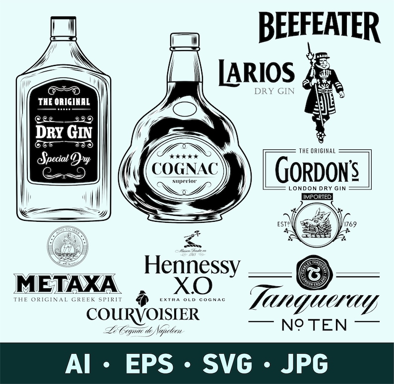 May include: Black and white illustrations of various liquor brands, including "Beefeater," "Larios Dry Gin," "Gordon's London Dry Gin," "Hennessy X.O," and "Tanqueray No. Ten." The image also features bottles of "Dry Gin" and "Cognac."
