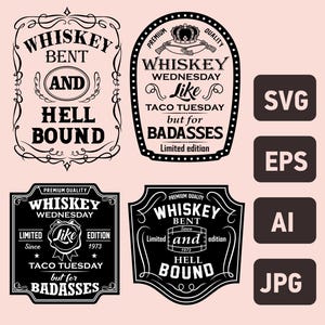 Whiskey bent and hell bound. Wednesday like taco. T-shirt print design. Whisky bourbon label. Digital instant download.