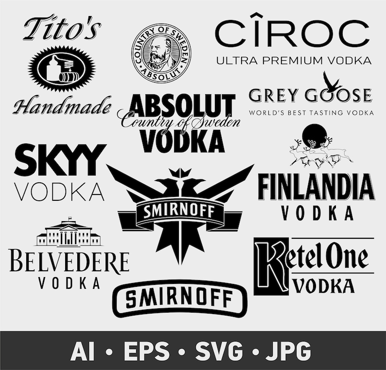 May include: A collection of vodka logos, including Tito's, C&icirc;roc, Grey Goose, Absolut, Smirnoff, and Finlandia, in black and white. The image also includes the text "AI &bull; EPS &bull; SVG &bull; JPG".