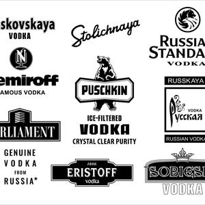 May include: A collection of vodka logos in black and white. Brands include Moskovskaya, Stolichnaya, Russian Standard, Nemiroff, Parliament, Puschkin, Eristoff, and Sobieski. Some logos feature text like "Genuine Vodka From Russia" and "Ice-Filtered Vodka".