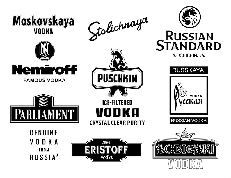 May include: A collection of vodka logos in black and white. Brands include Moskovskaya, Stolichnaya, Russian Standard, Nemiroff, Parliament, Puschkin, Eristoff, and Sobieski. Some logos feature text like "Genuine Vodka From Russia" and "Ice-Filtered Vodka".
