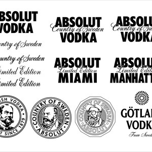 May include: Black and white logos for Absolut Vodka, including text that reads "Country of Sweden", "Limited Edition", and city names "Miami" and "Manhattan". Also includes circular logos with portraits.