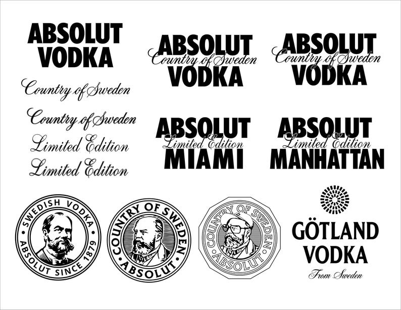 May include: Black and white logos for Absolut Vodka, including text that reads "Country of Sweden", "Limited Edition", and city names "Miami" and "Manhattan". Also includes circular logos with portraits.