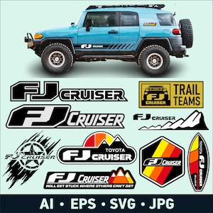 May include: A light blue FJ Cruiser SUV with black tires and a spare tire on the back. The image includes various decals with the text "FJ Cruiser", "Trail Teams", and "Toyota".