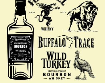 American Canadian alcohol drink bourbon whiskey custom mock up bottles and famous marks labels SVG bundle. Digital download.