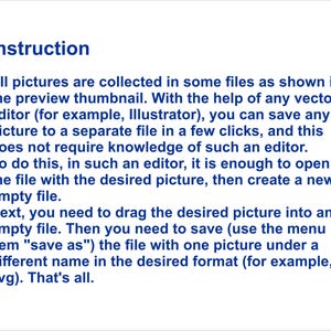 May include: A white background with the word "Instruction" in blue at the top. Below, text explains how to save pictures from a file using a vector editor, such as Illustrator, to a separate file.