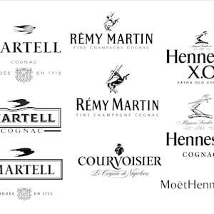 May include: A collection of logos for cognac and champagne brands, including Martell, R&eacute;my Martin, Hennessy, and Courvoisier. The logos are primarily black and white, featuring elegant typography and various emblems.