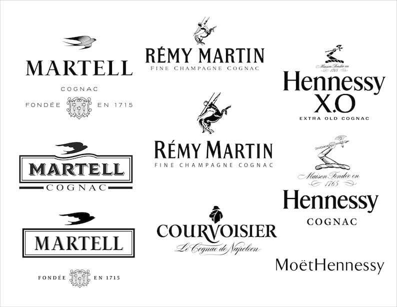 May include: A collection of logos for cognac and champagne brands, including Martell, R&eacute;my Martin, Hennessy, and Courvoisier. The logos are primarily black and white, featuring elegant typography and various emblems.