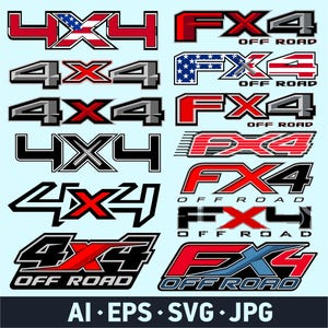 May include: A collection of vehicle decals featuring "4X4" and "FX4" logos in various designs. The decals use red, black, white, and gray colors, with some incorporating the American flag. The phrase "OFF ROAD" is included in some designs. The image also includes file type information.