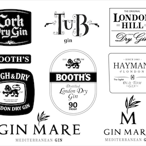 May include: Collection of black and white gin labels with various designs. Labels include "Cork Dry Gin," "London Hill Dry Gin," "Booth's," "High & Dry," "Gin Mare," and "Hayman's of London." Some labels feature illustrations.