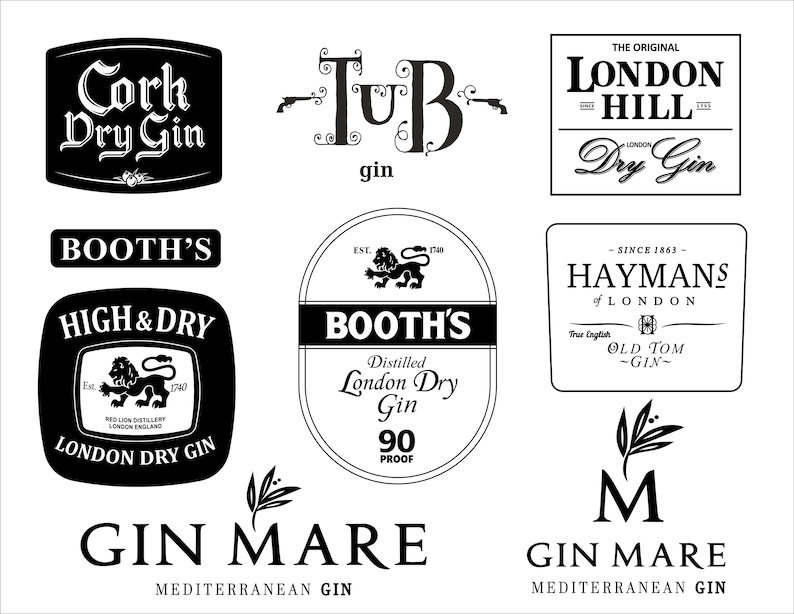 May include: Collection of black and white gin labels with various designs. Labels include "Cork Dry Gin," "London Hill Dry Gin," "Booth's," "High & Dry," "Gin Mare," and "Hayman's of London." Some labels feature illustrations.