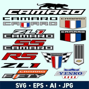 May include: A collection of Camaro car emblems and logos in various designs. The logos feature the word "CAMARO" in different fonts and styles, along with "Z/28", "SS", "RS", and "Yenko" emblems. The image also includes file type information: SVG, EPS, AI, and JPG.