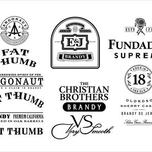 May include: A collection of black and white brandy logos, including "Argonaut," "Fat Thumb," "E&J Brandy," "Fundador Supremo," and "The Christian Brothers Brandy." The logos feature various fonts and designs, with some including text like "Aged in 18 Yrs Old."