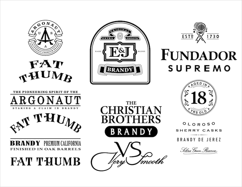 May include: A collection of black and white brandy logos, including "Argonaut," "Fat Thumb," "E&J Brandy," "Fundador Supremo," and "The Christian Brothers Brandy." The logos feature various fonts and designs, with some including text like "Aged in 18 Yrs Old."