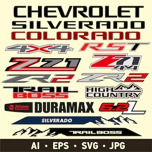 Chevrolet truck pickup Silverado Colorado decals SVG bundle. Chevy high country trail boss ZR2 RST bedside off road badges. Digital Download