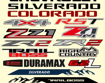 Chevrolet truck pickup Silverado Colorado decals SVG bundle. Chevy high country trail boss ZR2 RST bedside off road badges. Digital Download