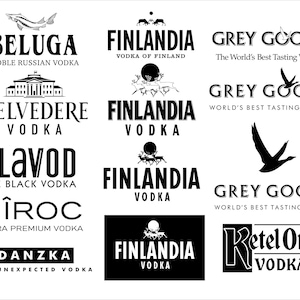 May include: A collection of vodka logos in black and white. Brands include Beluga, Finlandia, Grey Goose, Belvedere, Blavod, Ciroc, Danzka, and Ketel One. Each logo features unique typography and imagery.