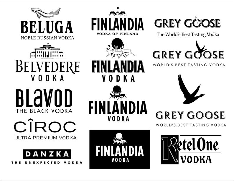 May include: A collection of vodka logos in black and white. Brands include Beluga, Finlandia, Grey Goose, Belvedere, Blavod, Ciroc, Danzka, and Ketel One. Each logo features unique typography and imagery.