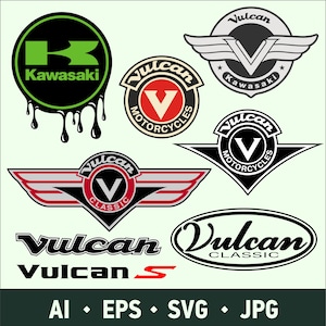 Pode incluir: Coleção de logotipos e emblemas de motocicletas. Inclui o logotipo da Kawasaki em verde e preto, e vários logotipos da Vulcan com asas, círculos e a letra "V". Formatos de arquivo: AI, EPS, SVG, JPG.