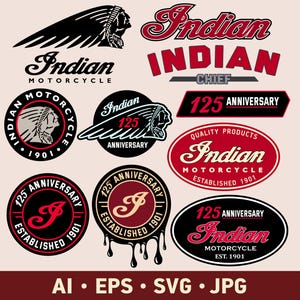 Puede incluir: Una colección de logotipos y emblemas de Indian Motorcycle en rojo, negro y blanco. Los diseños incluyen el logotipo de la cabeza india, las palabras "Indian Motorcycle" y "125 Anniversary". La imagen también incluye información sobre el tipo de archivo.