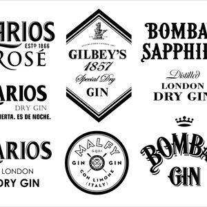 May include: A collection of black and white gin logos, including "Larios Ros&eacute;", "Gilbey's 1857 Special Dry Gin", and "Bombay Sapphire". The logos feature various fonts and designs, with some including text like "London Dry Gin".