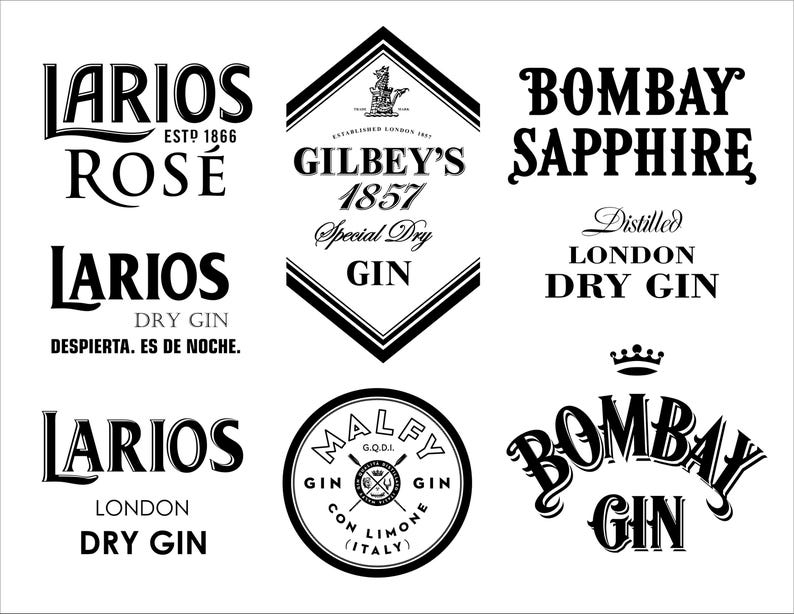 May include: A collection of black and white gin logos, including "Larios Ros&eacute;", "Gilbey's 1857 Special Dry Gin", and "Bombay Sapphire". The logos feature various fonts and designs, with some including text like "London Dry Gin".