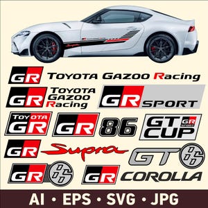 Könnte beinhalten: Weißer Toyota Supra Sportwagen mit schwarzen und roten Rennstreifen. Enthält verschiedene Toyota Gazoo Racing Logos und Texte, wie "GR Sport", "86", "Supra" und "Corolla". Dateiformate: AI, EPS, SVG, JPG.