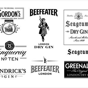 May include: Collection of black and white gin logos, including Gordon's, Beefeater, Tanqueray, Hendrick's, and Greenall's. Each logo features unique typography and design elements, with text such as "London Dry Gin" and "Imported".