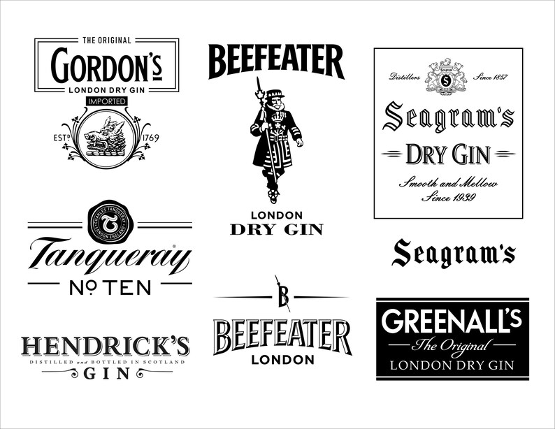 May include: Collection of black and white gin logos, including Gordon's, Beefeater, Tanqueray, Hendrick's, and Greenall's. Each logo features unique typography and design elements, with text such as "London Dry Gin" and "Imported".