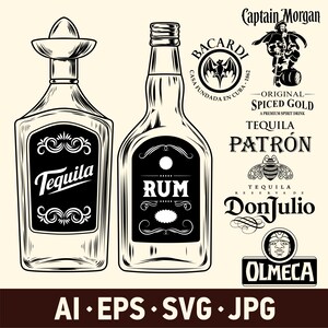 May include: Black and white illustration of tequila and rum bottles with decorative labels. The tequila bottle has a sombrero-shaped top. Additional logos include Captain Morgan, Bacardi, Patron, Don Julio, and Olmeca.