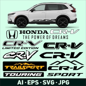 Könnte beinhalten: Ein weißer Honda CR-V SUV mit schwarzen Rädern und Seitenaufklebern. Das Bild enthält verschiedene CR-V-Logos und Text: "HONDA CR-V THE POWER OF DREAMS", "LIMITED EDITION", "TRAILSPORT", "TOURING" und "SPORT". Dateiformate: AI, EPS, SVG, JPG.