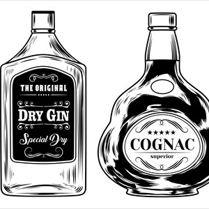 May include: Two black and white illustrations of liquor bottles. One is rectangular and labeled "Dry Gin", the other is a rounded bottle labeled "Cognac". Both bottles have decorative labels and caps.