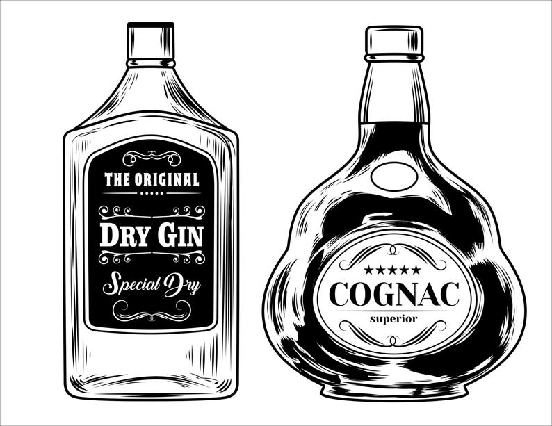 May include: Two black and white illustrations of liquor bottles. One is rectangular and labeled "Dry Gin", the other is a rounded bottle labeled "Cognac". Both bottles have decorative labels and caps.