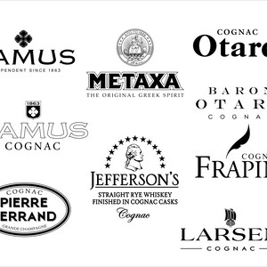May include: A collection of black and white logos for various alcoholic beverages, including Camus Cognac, Metaxa, Otard Cognac, and Jefferson's Straight Rye Whiskey. The logos feature text and graphic elements.