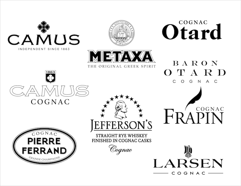 May include: A collection of black and white logos for various alcoholic beverages, including Camus Cognac, Metaxa, Otard Cognac, and Jefferson's Straight Rye Whiskey. The logos feature text and graphic elements.