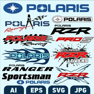 Può includere: Una collezione di loghi e grafiche Polaris in vari stili. I design includono l'emblema della stella Polaris, bandiere da corsa e testo come "RZR", "Ranger" e "Sportsman". Vengono visualizzati i tipi di file AI, EPS, SVG e JPG.