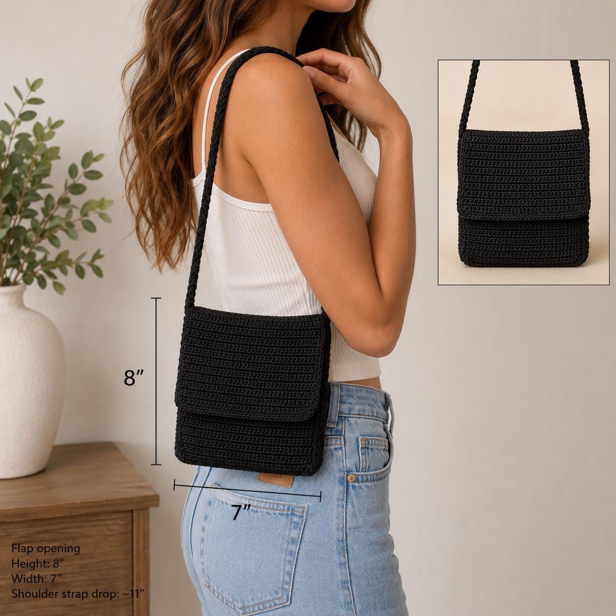 VTG 90s The Sak Black Crochet Backpack Bag Mini Small The Sak Black Crocheted Polyester Mini Crossbody Bag main image 3