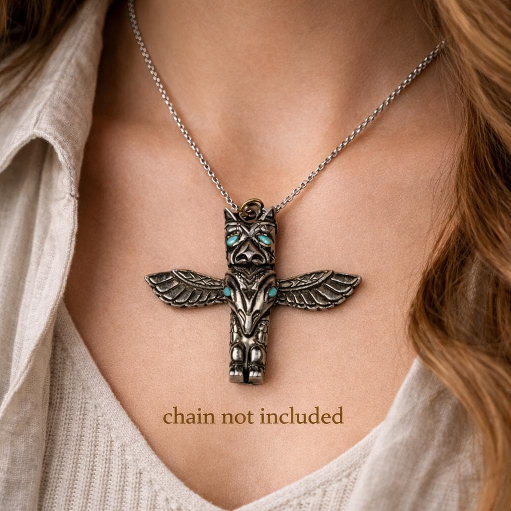 Totem Thunderbird Raven Pendant Heavy Metal Southwest Owl Turquoise Inlay 2.5&rdquo;