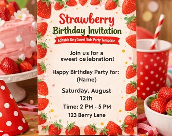 A Berry Sweet Strawberry Birthday Invitation – Editable Kids Party Template