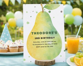 Botanical Pear 3rd Birthday Invitation | Editable Garden Party Template (Digital Download)