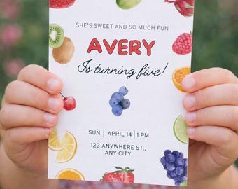 Five & Birthday Invitation – Botanical Fruit Digital Template