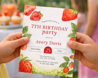 7th Strawberry Birthday Invitation