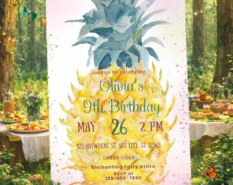 9th Birthday Pineapple Invitation | Editable Digital Template