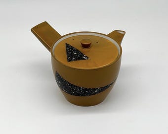 Vintage Japanese Teapot Mustard Yellow Mid Century Modern Atomic Ceramic Teapot Black Geometric Design Made in Japan Retro Kitchen Decor