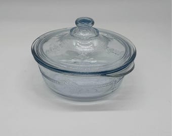Cazuela vintage Fire King con tapa, de vidrio azulado Anchor Hocking, estilo mediados de siglo, para hornear.