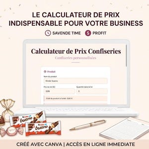 Puede incluir: Una computadora portátil muestra una interfaz de calculadora de precios con el texto "Calculateur de Prix Confiseries". La imagen incluye ilustraciones de caramelos, barras de chocolate, un bolígrafo y un bloc de notas. El texto "SAVENDE TIME" y "PROFIT" también son visibles.