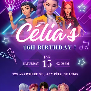 Peut inclure: Une invitation d'anniversaire violette et rose avec le texte "Celia's 16e anniversaire !" et la date du 15 janvier. L'invitation présente des personnages animés et des notes de musique.