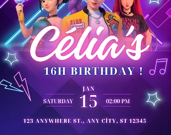 Invito di compleanno personalizzabile a tema K-Pop Cacciatore di Demoni – Articoli per feste K-Pop, Huntrix e Rumi, Ammazzademoni, Download digitale