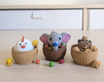 Basket-ables, Handmade Polymer Clay Figures in 3D Printed Baskets, Desk Pet Decor