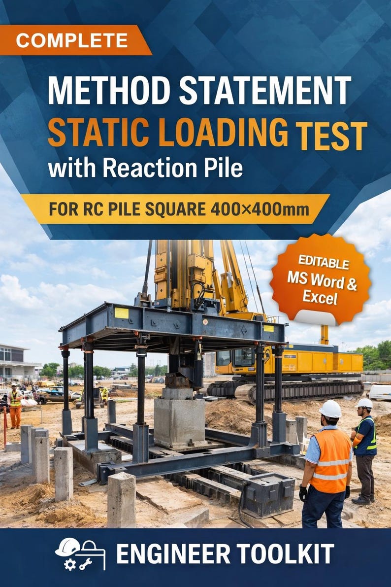 以下が含まれることがあります： 静的載荷試験を行っている大きな黄色の機械がある建設現場の画像です。画像には「METHOD STATEMENT STATIC LOADING TEST」と「ENGINEER TOOLKIT」というテキストが含まれています。試験はRCパイルスクエア400x400mm用です。